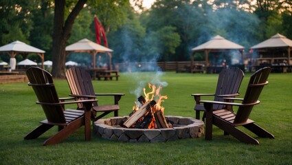 Adirondack chairs around a stone fire pit with burning logs in a grassy area surrounded by pavilions and trees during sunset Copy Space