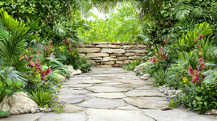 Stone path through lush tropical garden