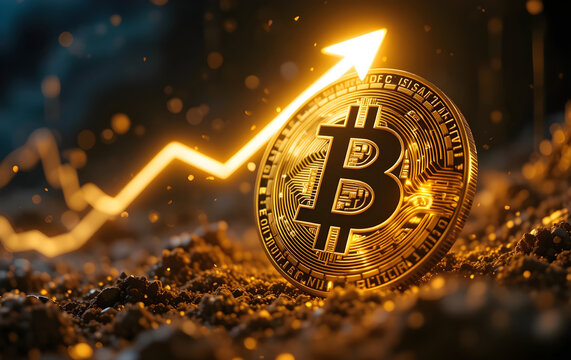 Bitcoin or cryptocurrency prices rise up positive, golden coin with up arrow chart on background
