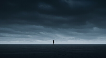 広大で暗い空の下に1人の人物がポツンと立っている姿・不安や孤独のイメージ