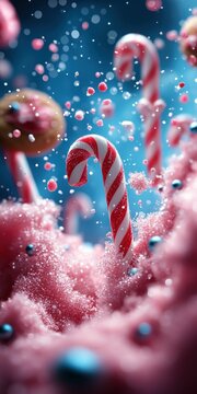 Candy cane splashes pink sugar, sweet treat explosion
