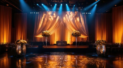 Elegant wedding reception stage with warm lighting and floral arrangements