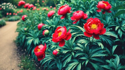 Vibrant red peonies blooming in a lush garden with a winding path and green foliage Copy Space