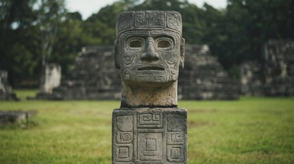 Obraz premium Mayan head sculpture, ancient ruins background, jungle setting, historical site