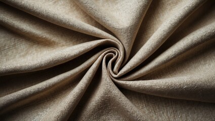 Beige textured fabric close-up with spiral folds showcasing softness and smoothness for textile background or design use