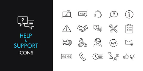 Help and Support line icon set, outline web icon collection containing Customer Service, Assistance, Guidance, and more, Vector illustration in line style