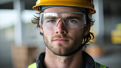 A young male construction worker wearing safety glasses and a helmet, with a focused expression in a work environment.