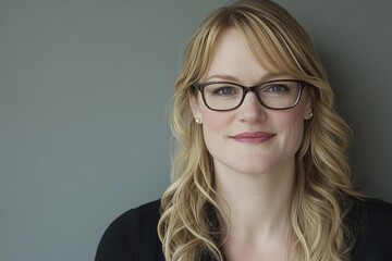 Fototapeta premium A blonde woman, smiling and wearing glasses, on a plain background, designed for a presentation