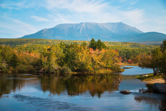 Mount Katahdin Mountain Maine with Fall Foliage and Water Reflection Baxter State Park