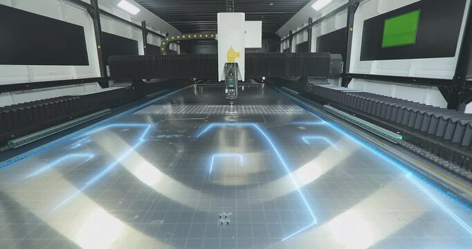 Laser cutter at the factory, visualization of the process. Visualization of a metal part on a laser cutter. Smart industry