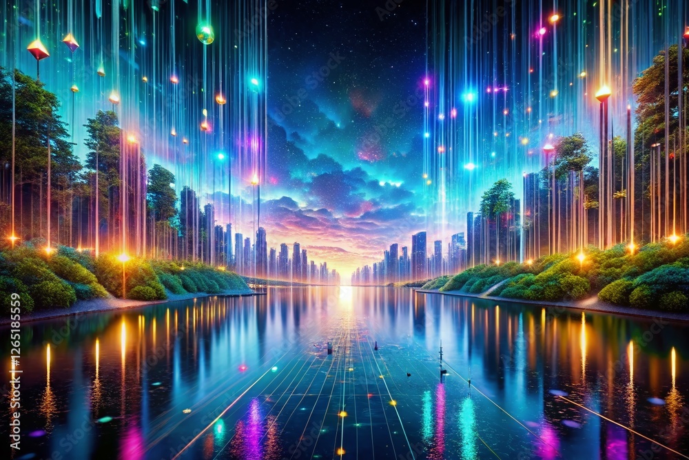 Poster surreal data lake: luminous code streams & futuristic architecture - stock photo