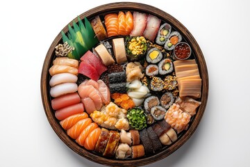 A round platter of sushi with various pieces, isolated on white background. Decor and homemade sushi concept 