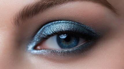 Obraz premium Close-up of a captivating blue eye with shimmering teal eyeshadow makeup