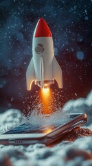 A vivid rocket launches from a smartphone surrounded by cosmic elements, blending technology with imagination in a surreal and creative visual representation.