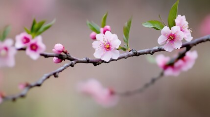 Fototapeta premium Delicate Pink Cherry Blossoms Blooming Along a Serene Branch with Softest Focus