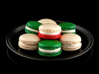 Fototapeta premium Colorful macarons arranged on a black plate against a dark background, showcasing white, green, and red hues.