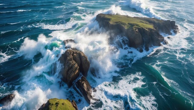 Aerial view of rocky island surrounded by crashing ocean waves on a sunny day with clear blue water and green grass Copy Space