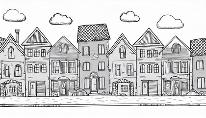 Obraz premium Doodle city street with house. Hand drawn sketch style. House building with roof. perfect any project for village, town pattern, background.