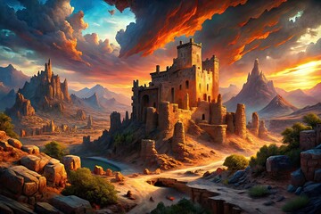 Obraz premium Ruined Fortress, Desert Overrun, Evil Character, Fantasy Painting, Documentary Photography, Digital Art