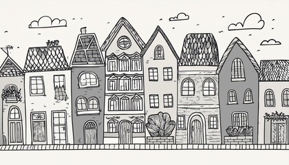 Fototapeta premium Doodle city street with house. Hand drawn sketch style. House building with roof. perfect any project for village, town pattern, background.