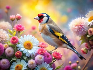 Surreal European Goldfinch Bird in Dreamlike Floral Setting - Stock Photo