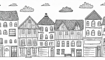 Fototapeta premium Doodle city street with house. Hand drawn sketch style. House building with roof. perfect any project for village, town pattern, background.
