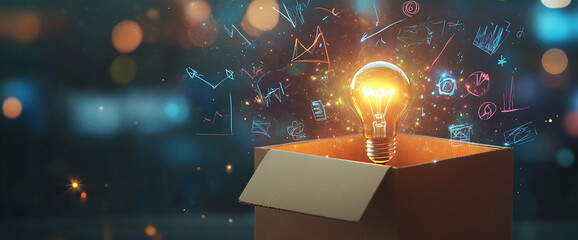 A glowing lightbulb emerging from a cardboard box with sketches of creative ideas and symbols floating around it, representing innovation, creativity, and new concepts.