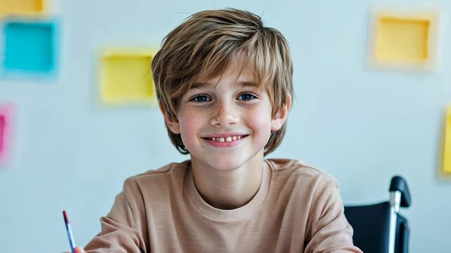 Adolescent Boy in Wheelchair Smiling with Colorful Background Inspiring Inclusion and Diversity in Modern Portrait Photography
