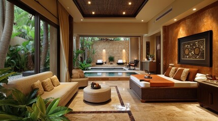 Luxurious Tropical Indoor-Outdoor Bedroom with Pool View