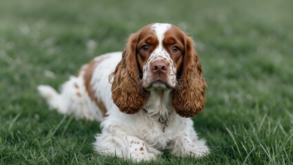 Brown and white Cocker Spaniel dog lying on green grass with relaxed expression and soft focus background Copy Space