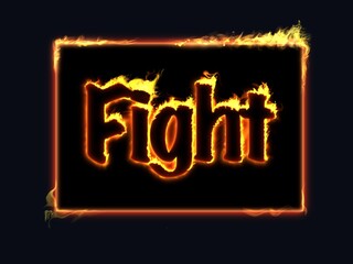 neon sign. 3d illustration, fire frame with alpha channel. Fire flames on black square frame, black background. illustration alphabet english "fight" black letters with yellow blaze flames color.
