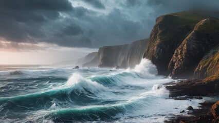 Fototapeta premium dramatic coastal scene with crashing waves and moody skies