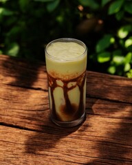 Avocado juice topped with chocolate sauce served on a wooden table with a garden view.