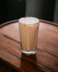 Iced coffee with milk served on a wooden table with a cafe and bar background.