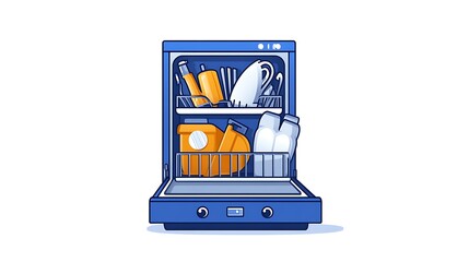Clean Dishes in a Modern Dishwasher: A Colorful Line Art Illustration AI Generated