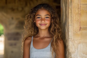 Fototapeta premium Beautiful girl with curly hair smiles warmly while standing against a rustic wall in bright sunlight