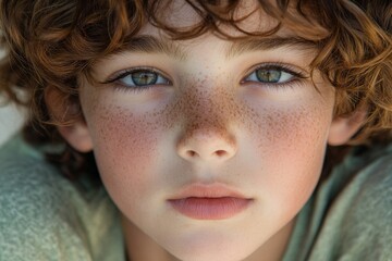Young child with curly hair and freckles gazing directly at the viewer with captivating green eyes