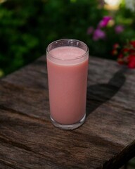 Guava juice served on a wooden table with a garden view