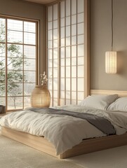 Fototapeta premium Peaceful zen bedroom with natural light and minimalist design