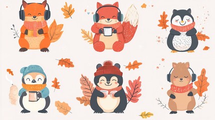 Set Adorable cartoon animals clutching acorns amid fall leaves, flat style, on a white background.