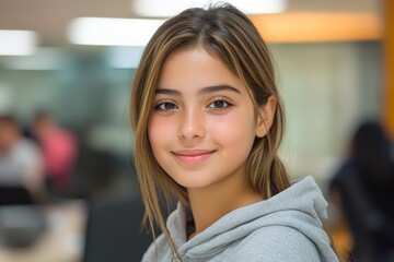 Obraz premium Teen girl smiles warmly in a casual sweater, showcasing joy in a vibrant learning environment