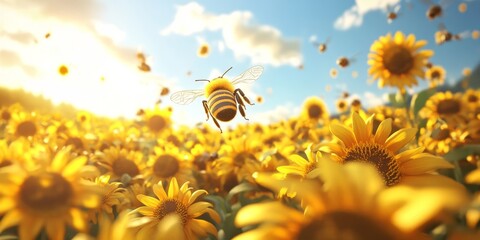 Bees pollinate food crops cute 3d anime style. bee sunflower
