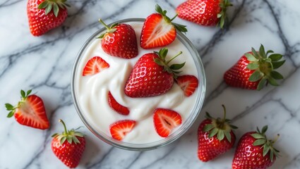 Fresh strawberries on a marble surface with a bowl of creamy yogurt topped with sliced strawberries and greenery Copy Space