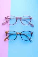 A stylish selection of glasses featuring lenses on a pastel backdrop, including three frames displayed on pink and blue backgrounds. Trendy and chic optics