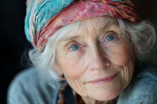 Elderly woman with striking blue eyes and colorful headscarf poses thoughtfully by a window
