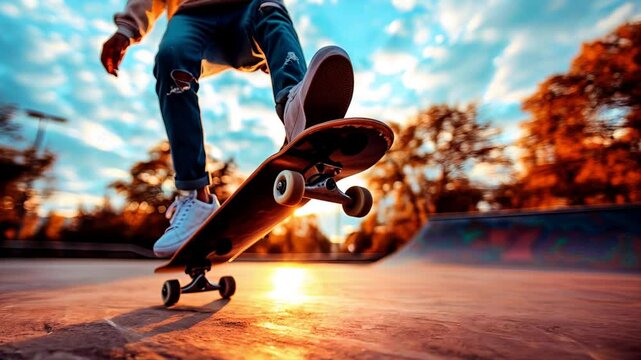 Legs of a boy riding a skateboard one afternoon at sunset