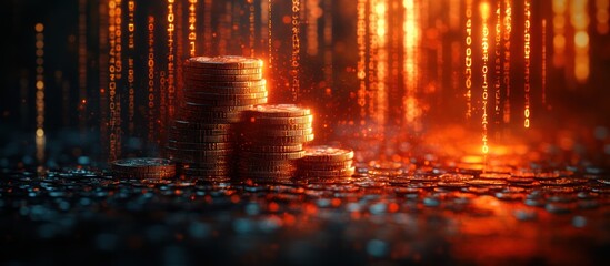 Obraz premium Glowing coin stacks on dark background with digital rain.