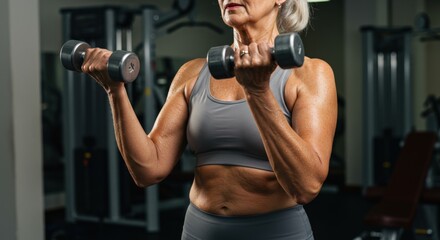 An elderly woman with a strong, toned physique performing strength training at a modern gym. She is lifting light dumbbells, her arms engaged, showcasing her defined muscles and commitment to fitness.