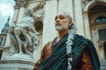 Naklejka premium Historical reenactor in traditional attire stands confidently at a grand architectural site during daylight