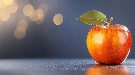 Fresh Red Apple with Leaf on Gray Background Surrounded by Soft Focusing Lights and Water Droplets